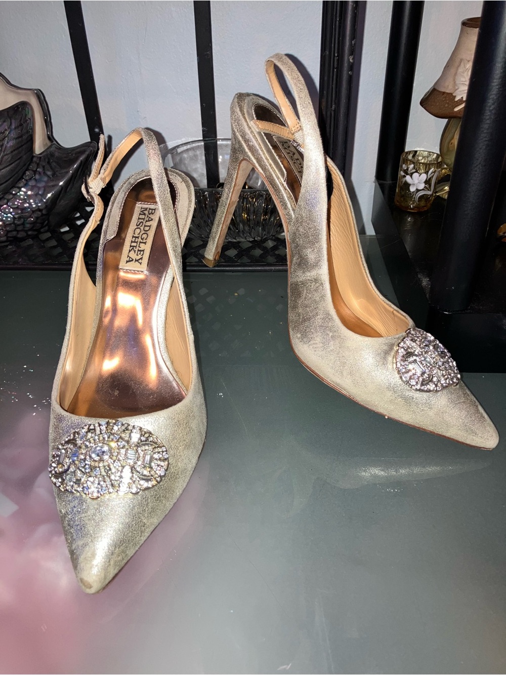 Badgley Mischka Metallic Gold Crystal-Embellished Slingback Pumps